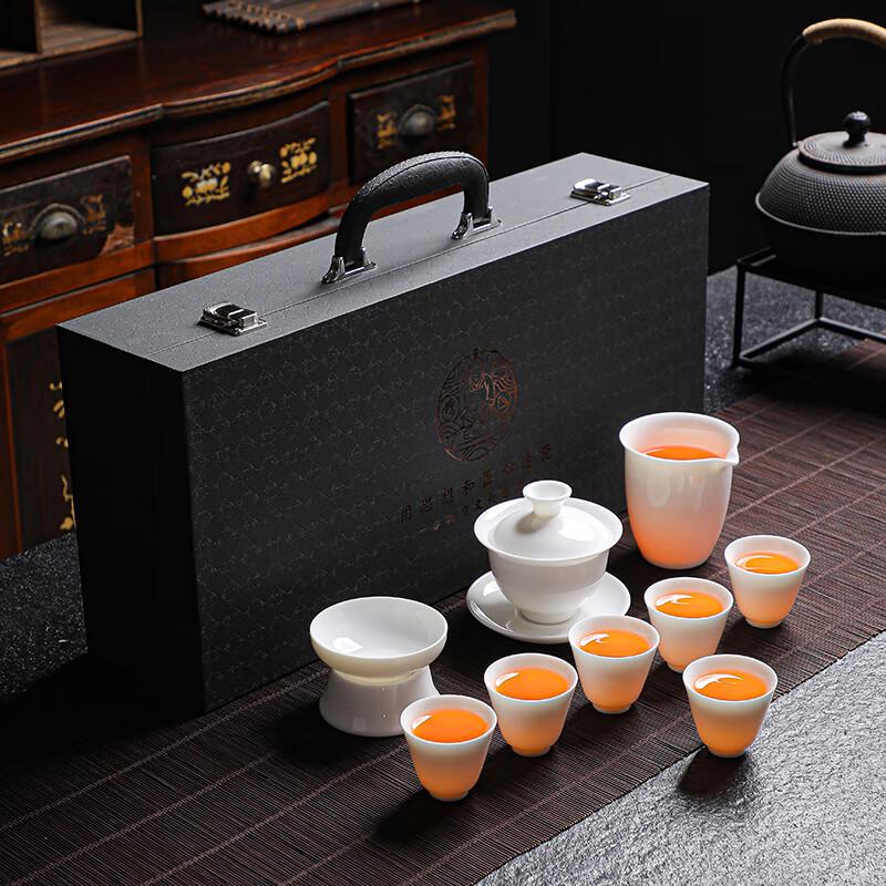 Tuopai Glossy Suet Jade Porcelain Auspicious Teacup Set (10-Piece)