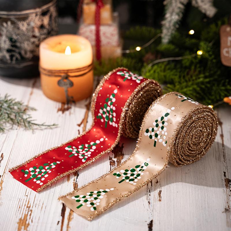 1PC Small Tree Pattern Festive Ribbon Embroidered Christmas Satin Ribbon 5mx5cm