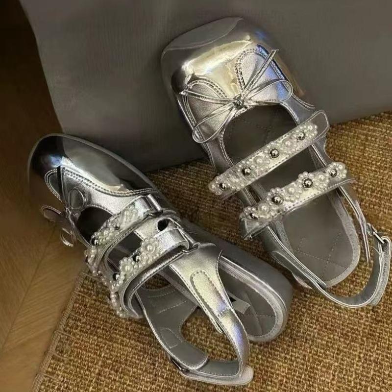 Fashion Fashion Bow Flat Shoes Women's Spring and Summer New Square Toe Shallow Mouth Beaded Soft Sole Non-slip Ballet Shoes