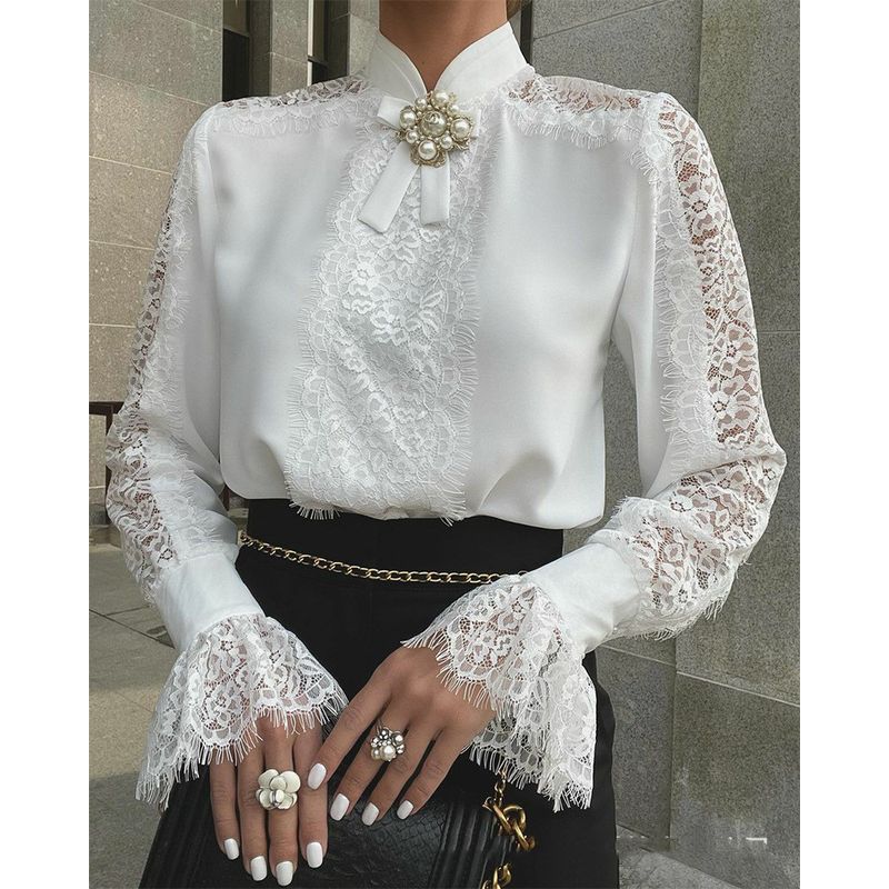 Women Long Sleeved Top Lace Patchwork Flared Sleeves Tops