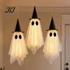 Garden Haunted House Accessories 3 Pcs Halloween Hanging Ghost Decoration, Spooky Large Mesh Easy Storage Props with Witch Hat for Porch, Yard,