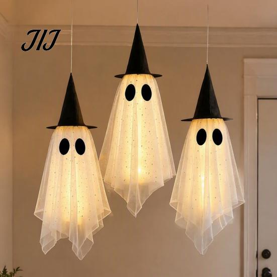 Garden Haunted House Accessories 3 Pcs Halloween Hanging Ghost Decoration, Spooky Large Mesh Easy Storage Props with Witch Hat for Porch, Yard,