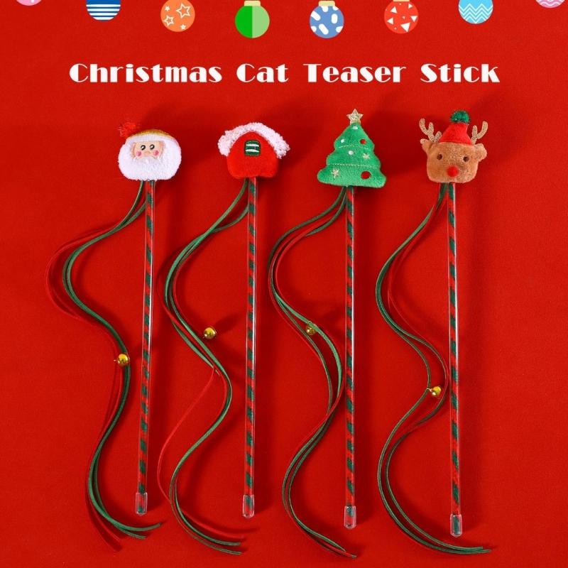 4pieces Cats Interactive Stick Toy Cute Tassels Wand Christmas Themed Colorful Cats Playing Teaser Toy Chaseing Toy