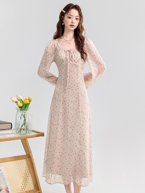 

Spring/Summer French Pink Floral Chiffon Tie-Up Slimming Long Dress XL