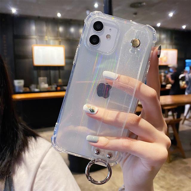 Shockproof Transparent Wrist Strap Laser Case For Iphone 14 13 12 Pro Max Xr Xs Max 13 14pro Max Clear Phone Holder Back Cover