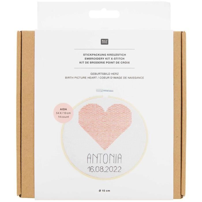Kit broderie de naissance - RICO DESIGN - Coeur - Point de croix compté - Blanc - Aida 100% coton