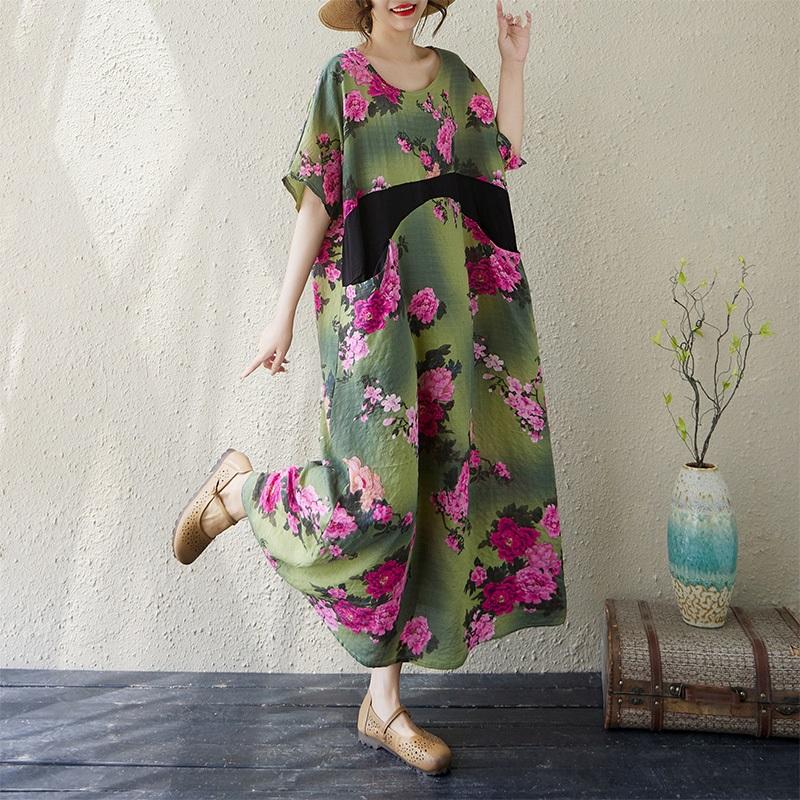 Kort ermet Pluss størrelse Bomull vintage blomstret Prikket ny i kjoler for kvinner avslappet løs lang sommerkjole