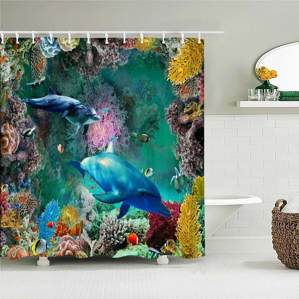 Underwater World Fish Turtle 3d Shower Curtains Ocean Dolphin Sea Scenery Fabric Waterproof Bath Curtain Bathroom Decor Screen