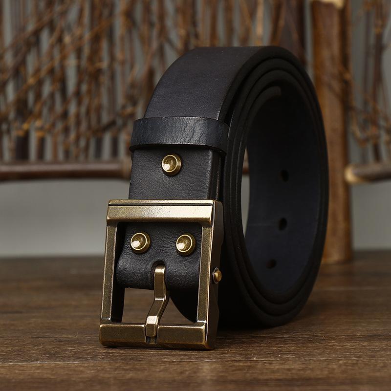 Men's Leather Belt Thickening Bolding Vegetable Tanned Full-Grain Leather Cowhide Brass Buckle Retro Genuine Leather Fashion