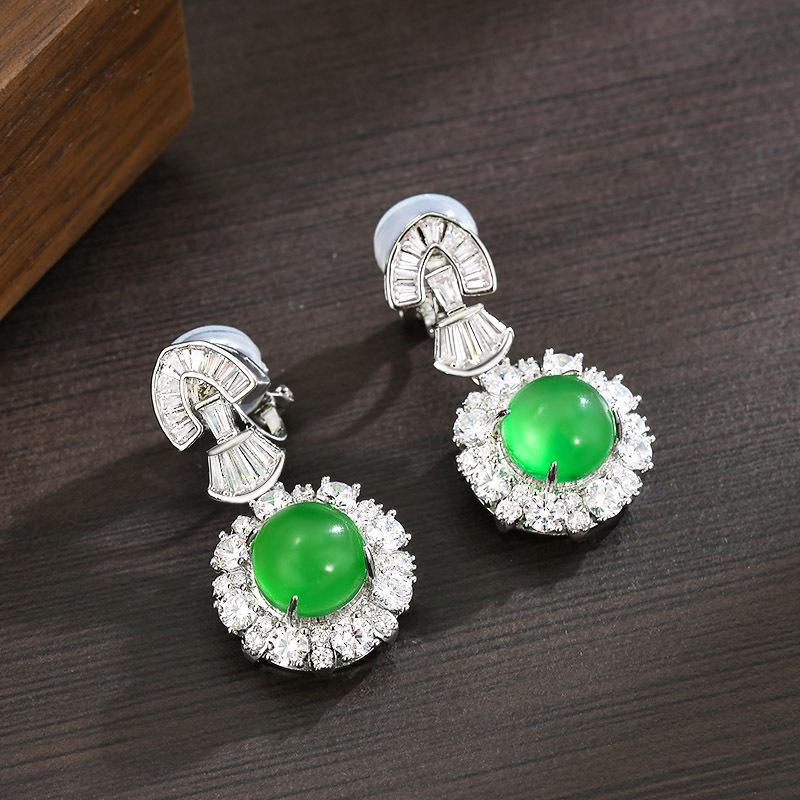Elegant Jade Egg Face Earrings with Diamonds - Versatile Luxury Ear Clips for Women