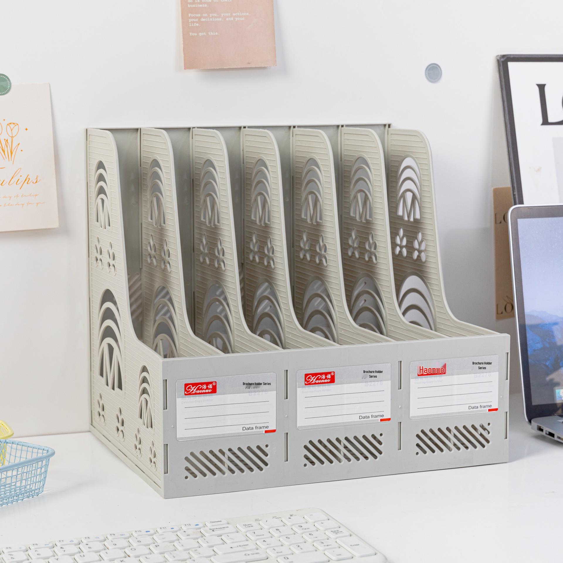 

Six-Section Desktop File Organizer: Plastic File Rack & Pocket Holder with Logo Printing for Office Storage. брудно-білий