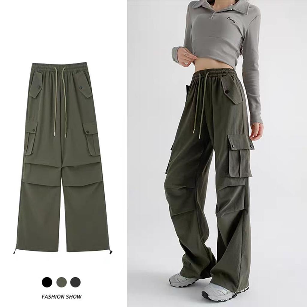 JHIJSC Autumn Cargo Solid Loose Plus Sizes Women's Pants, Wide-Leg, Color, Fit, Casual, Stylish, (JP, Alphabet, XL, Green)