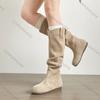 Comemore Stacked Long Boots New Round Head Pleated Flat Bottom Casual Women Autumn Shoes Suede Slip on Knee-high Botas Female