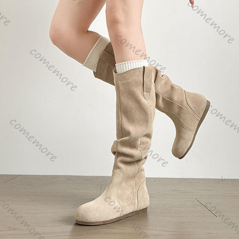 Comemore Stacked Long Boots New Round Head Pleated Flat Bottom Casual Women Autumn Shoes Suede Slip on Knee-high Botas Female