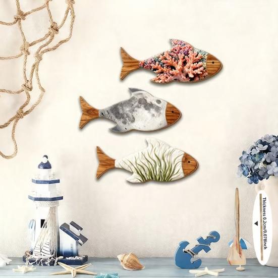 3Pcs Wooden Fish Wall Decoration, Coral Moon Seaweed Fish Hanging Ornament, Nautical Coastal Ocean Theme Wall Art for Bathroom, Living Room
