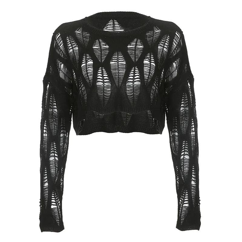 WTEMPO Hollow Out Pullovers Women Black Spring Autumn Sweater Casual Loose Korean Solid Knitwear Streetwear