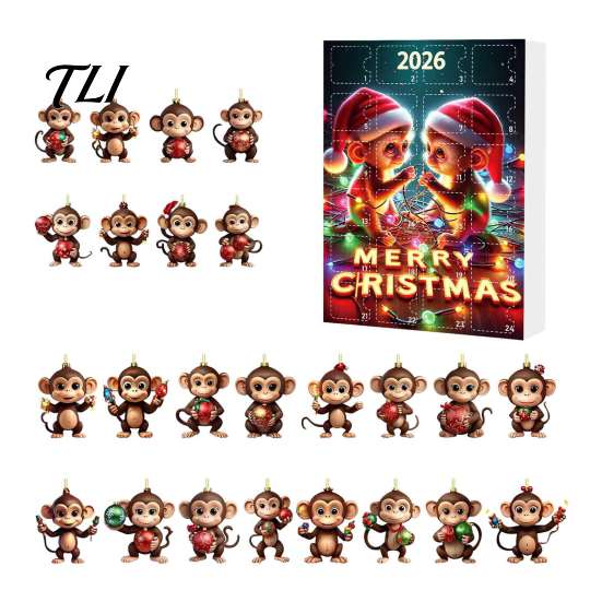 Holiday Box Christmas Monkey Advent Calendar, 24 Days Countdown Calendar with 2D Acrylic Collectible Figurine Ornament, Funny Animal Xmas Tree Hanging