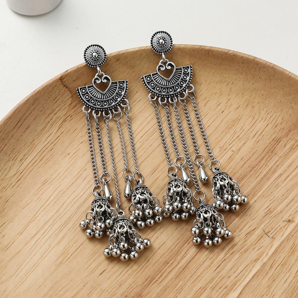 Indian Ethnic Style Jewelry Alloy Vintage Bells Bead Chain Tassel Long Jhumka Earrings For Women Daily Accessories