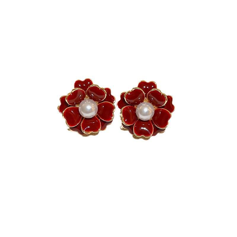2024 Exquisite High-End Retro Silver Needle Red Heart Flower Earrings for Women