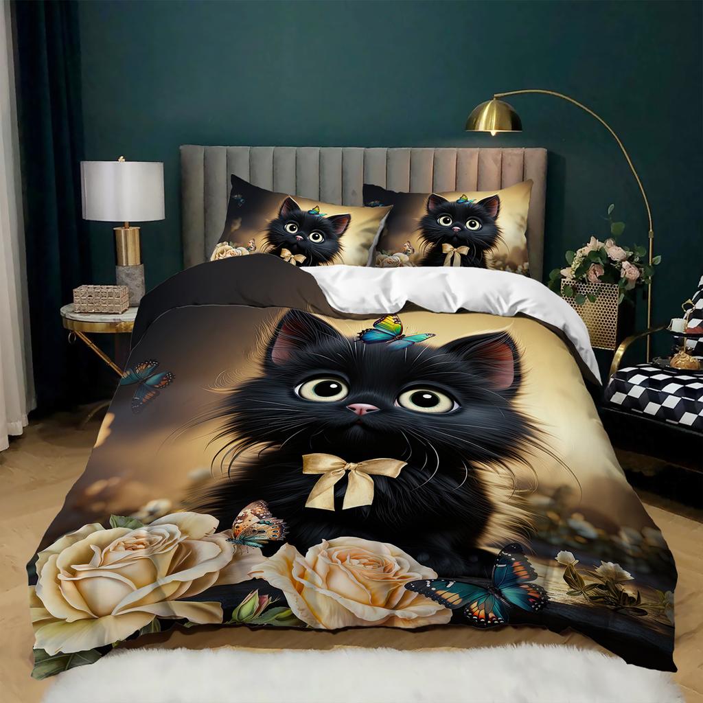 3-teiliges Niedliches Bettwäsche-Set mit schwarzer Katze, Bettbezug-Set mit Blumenmuster, Elegantes Kätzchen-Thema, Weiche Schlafzimmerdekoration mit Rosen und Schmetterlingen