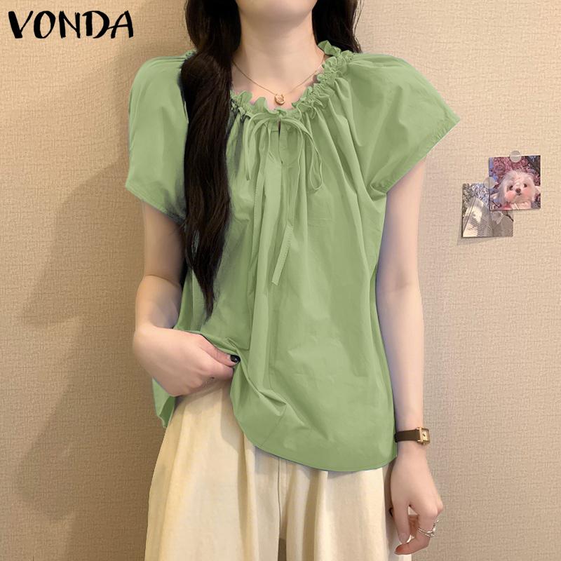VONDA Women Summer Lace-up Neck Batwing Sleeveless Solid Casual Ruffled Tank Tops