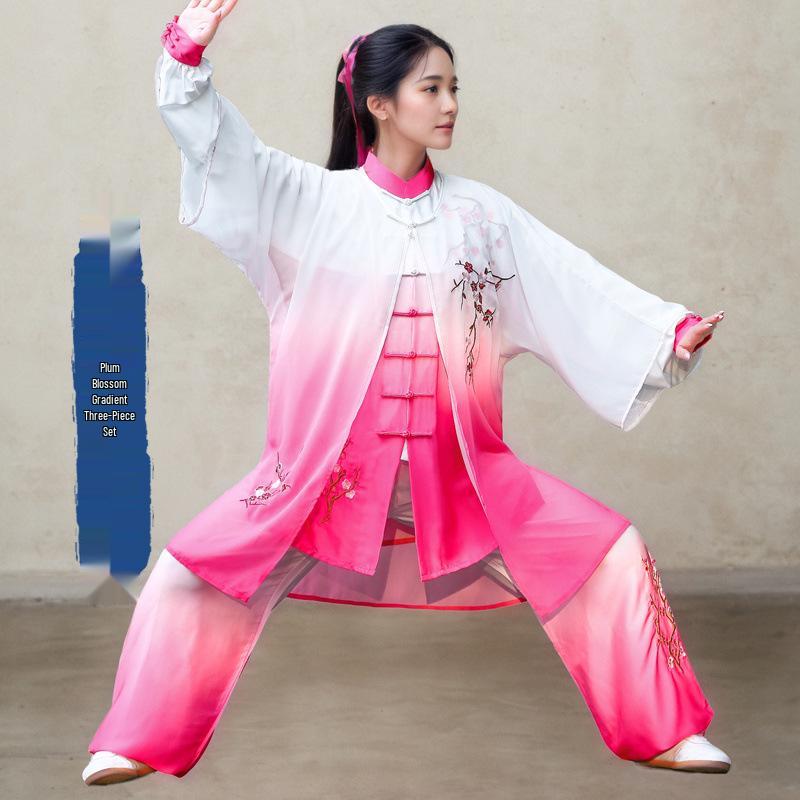 Blue & White Porcelain Gradient Tai Chi Suit: Embroidered Performance & Practice Attire for Women & Men.
