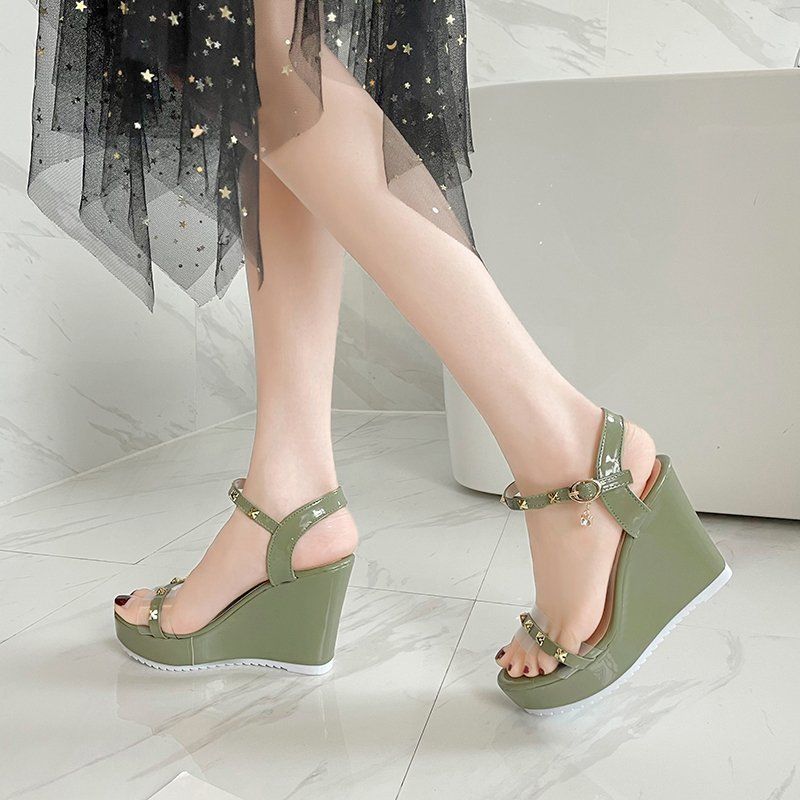 Sandals for Women Wedges Heel Green Super-high Rivet Woman Shoes Summer 2025 Comfortable Footwear New Breathable Fashion Luxury
