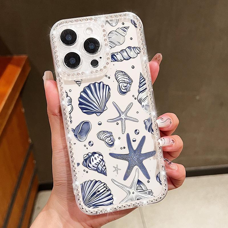 Conch Shark Pattern Clear Silicone Case For iPhone 16E 16 Pro 15 Pro Max 14 13 12 11 Diamond Frame Soft Shockproof Transparent Phone Cover