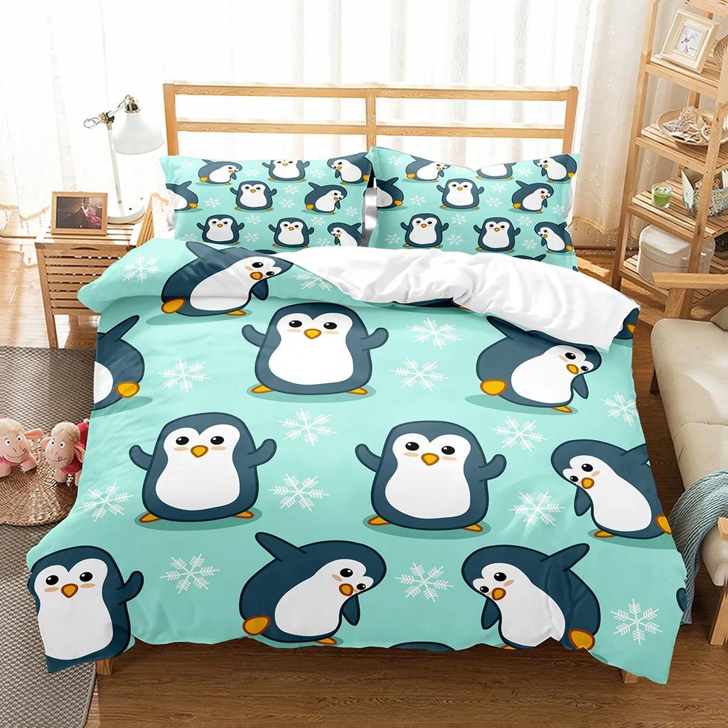 Cute Penguin Pattern Duvet Cover Set Cute Kawaii Animals For Boys Girls Bedroom Decor Polyester Comforter Cover King Queen Size