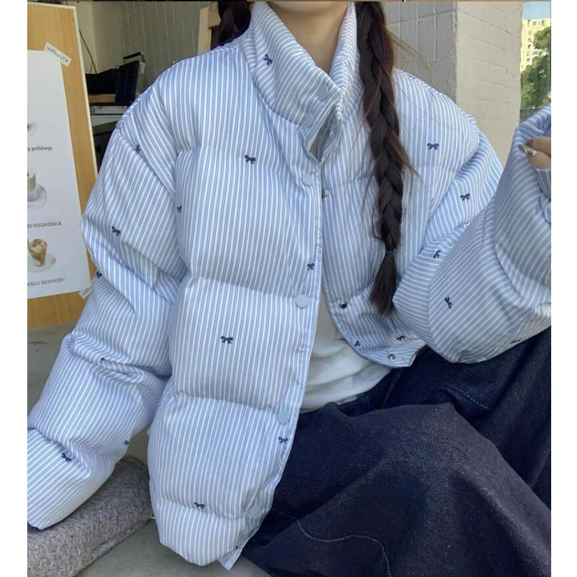 Wind Striped Bow Cotton Jacket Winter Design Sense All-match Thick Warm Jacket Blue Tide