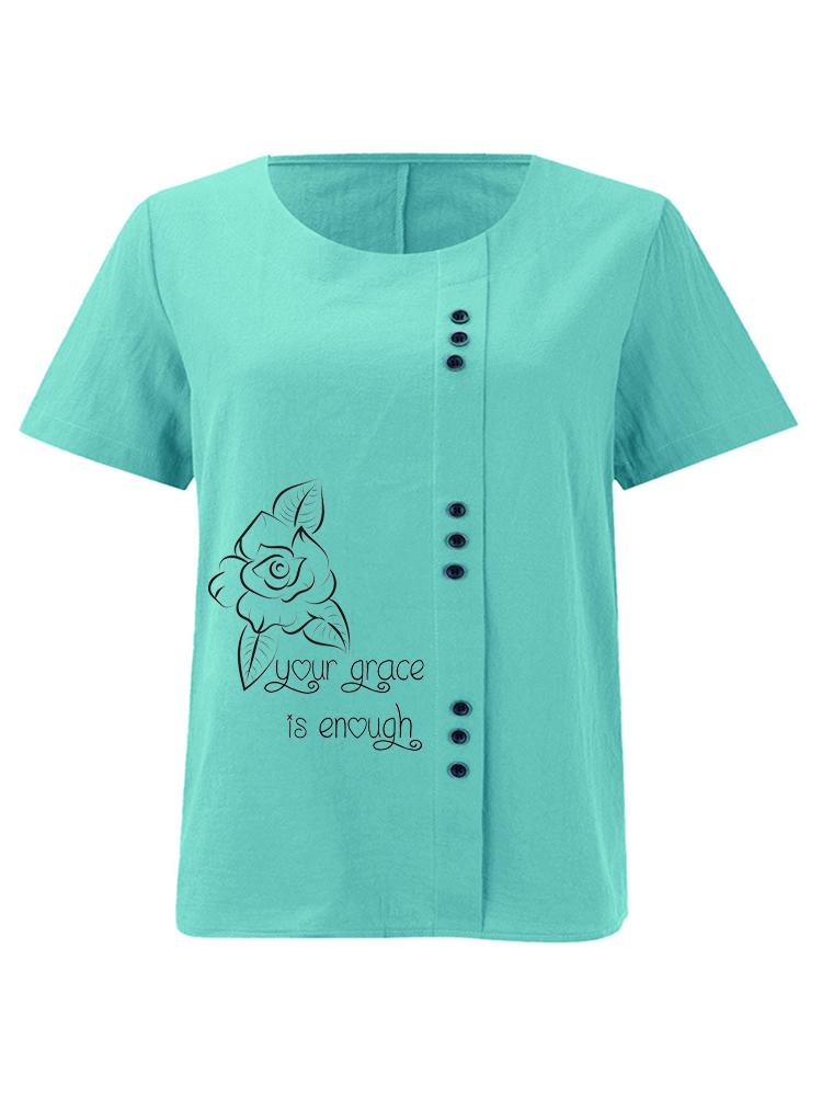 Women's Fashion Black Line Floral Letters Print Shot Sleeve T-shirt Loose Cotton Shirt Casual Loose Summer Blouse Tops Plus Size