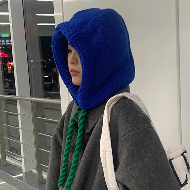 Korean New Style Ins Balaclava Ear Protection Warm Knitted Pullover Hat Thick Thread Blue Wool Hat Men Korean