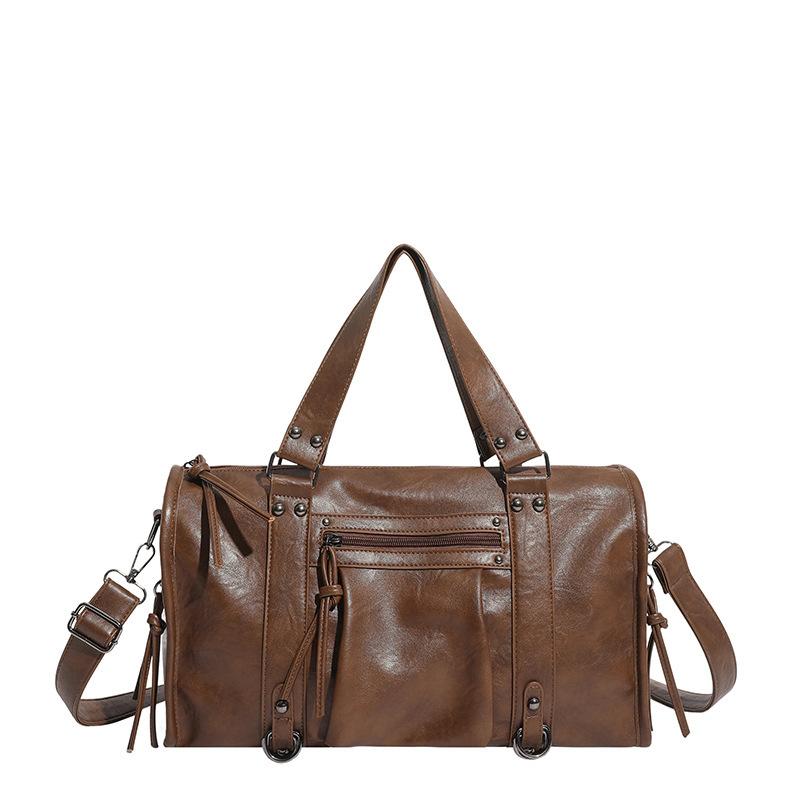 Faux Leather Duffel Bag Women's Fashion Shoulder Tote with Front Zip Pocket