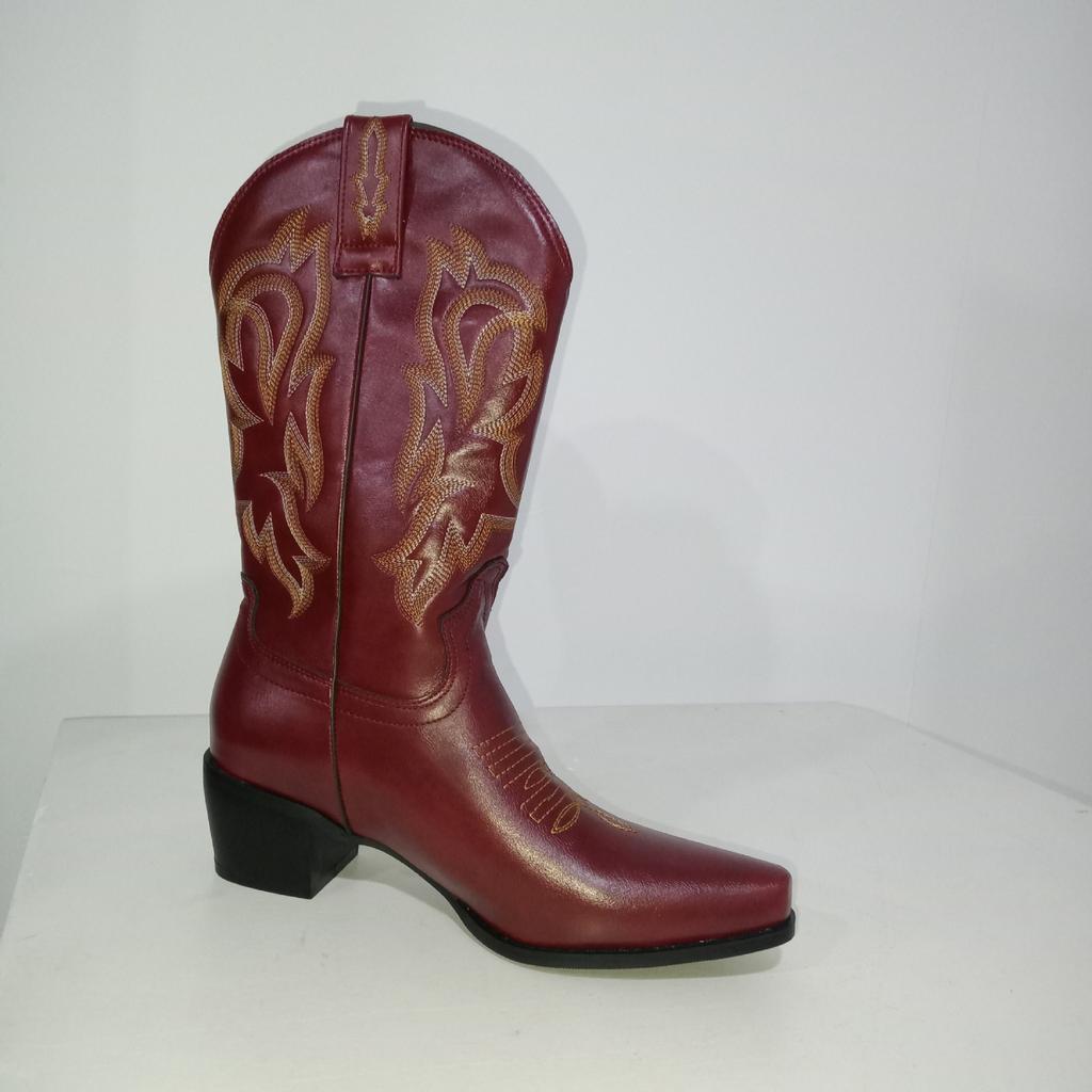 Fashion Pointed toe boots with embroidery, medium-heeled thick heels, large-size slip-on mid-calf western boots for women