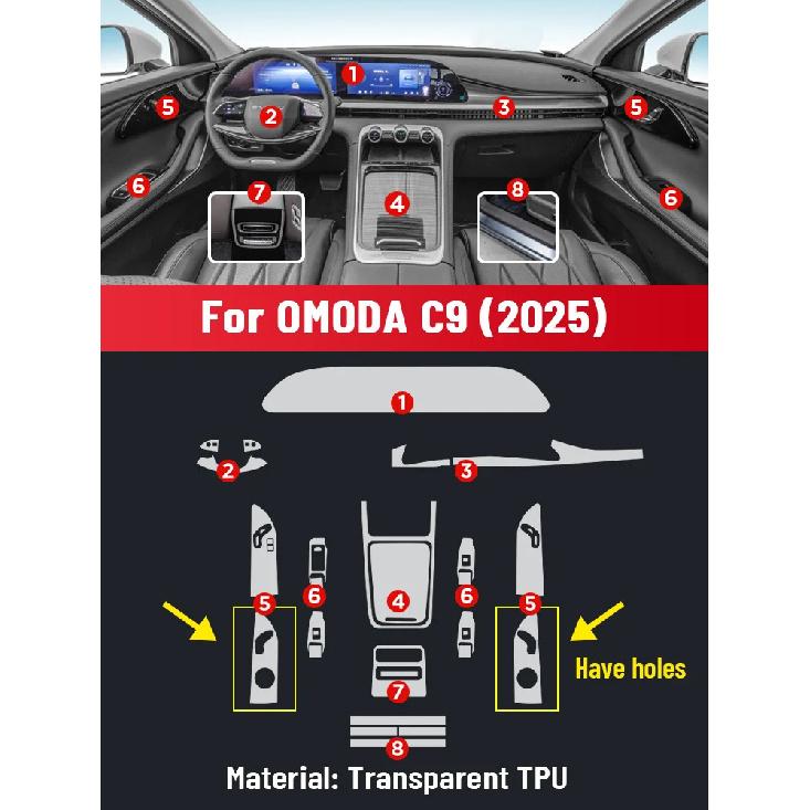 For OMODA C9 2025 Car Interior Anti-scratch Film Center Console Media Dashboard Navigation TPU Protector Sticker Left rudder driving