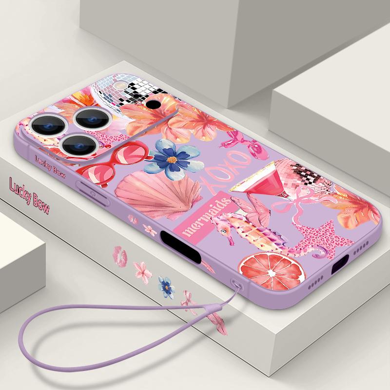 For iPhone 17 Pro Max Case Pink Cartoon Floral Pattern Soft Silicone Lanyard Cover For iPhone 16 Pro Max Cover iPhone 15 14 13 12 11 16E Air