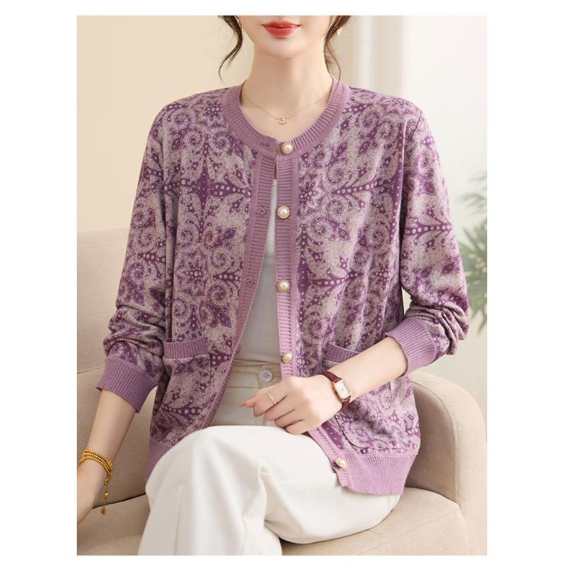 Fashionable and Versatile Sweater Cardigan Women's Contrasting Geometric Graphic Loose Top Embroidered
