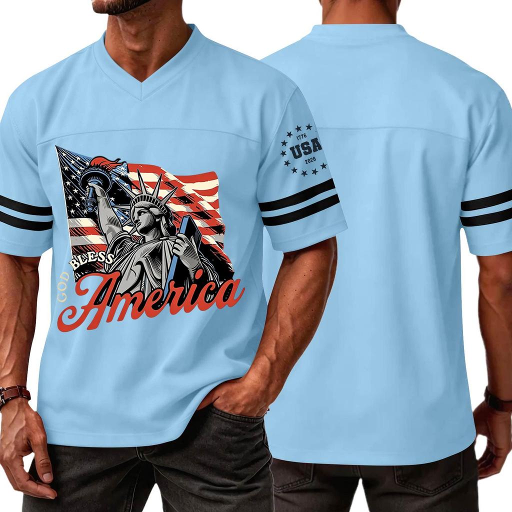 Casual V Neck Sports Jersey Short Sleeve T Shirt with Graphic Print USA Independence Day Theme Athletic Top for Men