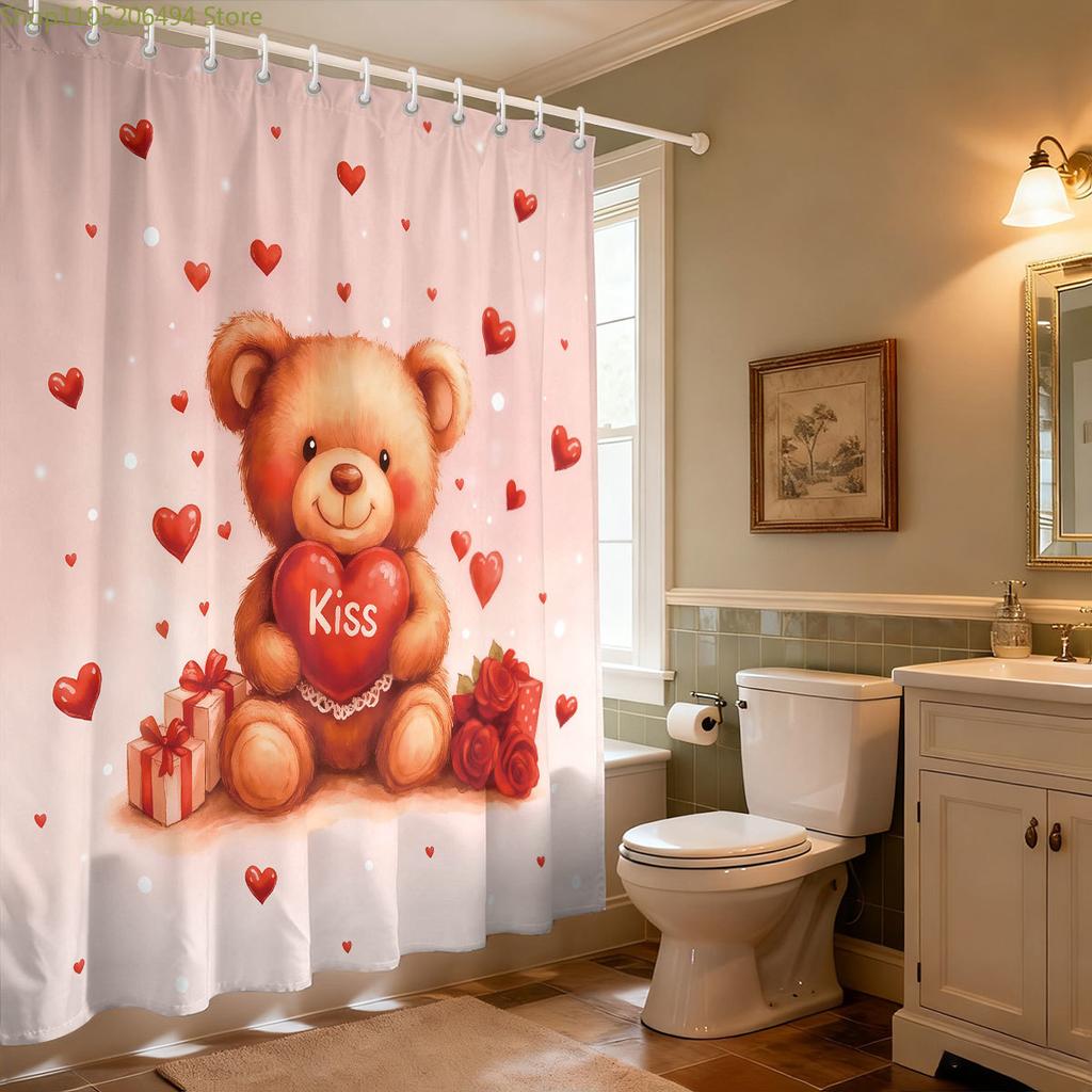 1pc Valentine's Day Happy Romantic Bear Print Waterproof Shower Curtain Partition Privacy Hanging Curtain 12 Hooks Multiple Si