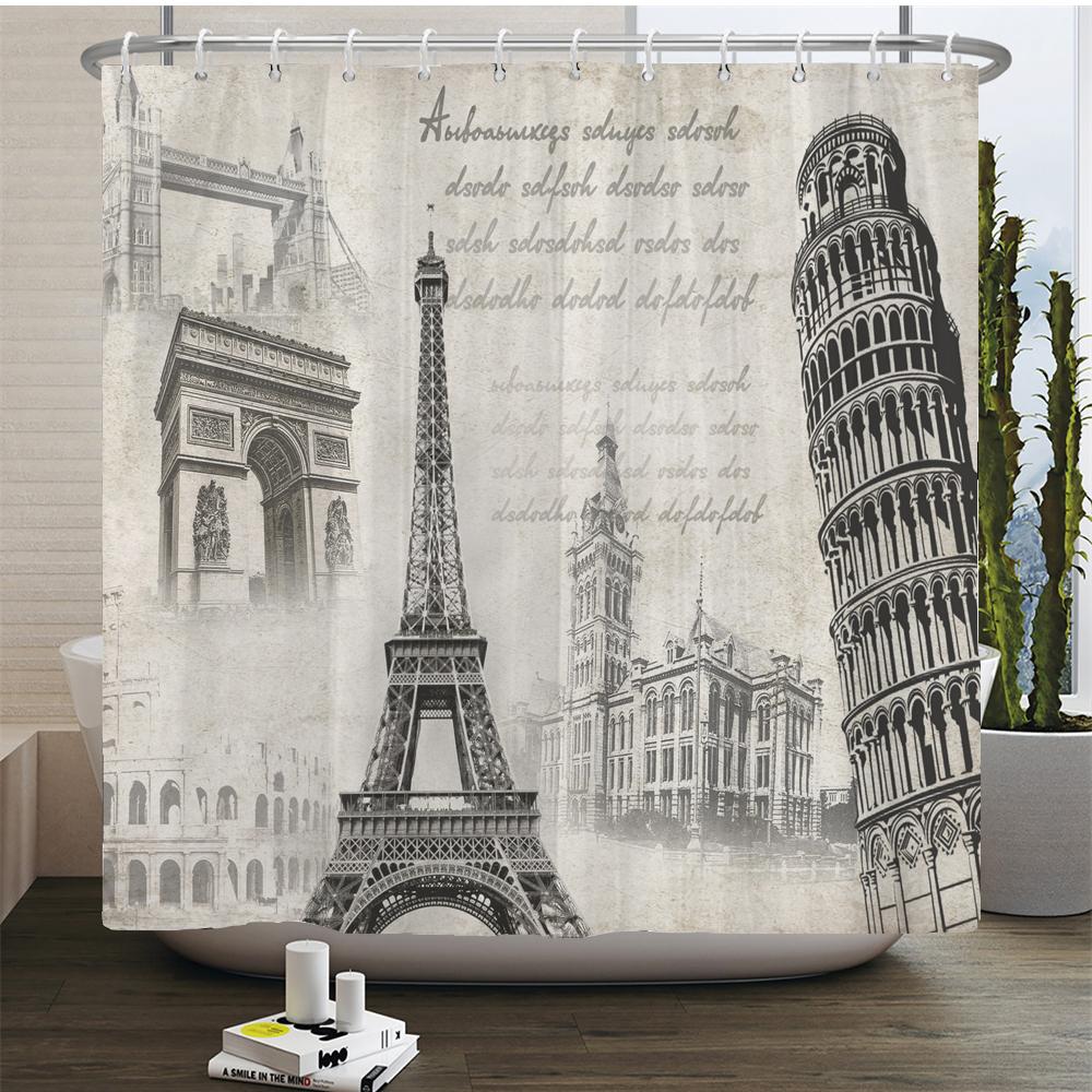 Vintage Scenery Paris Tower Home Decor Waterproof Shower Curtain Set With 12 Hooks Toilet Covers Bath Mats Bathroom Non-Slip Rug