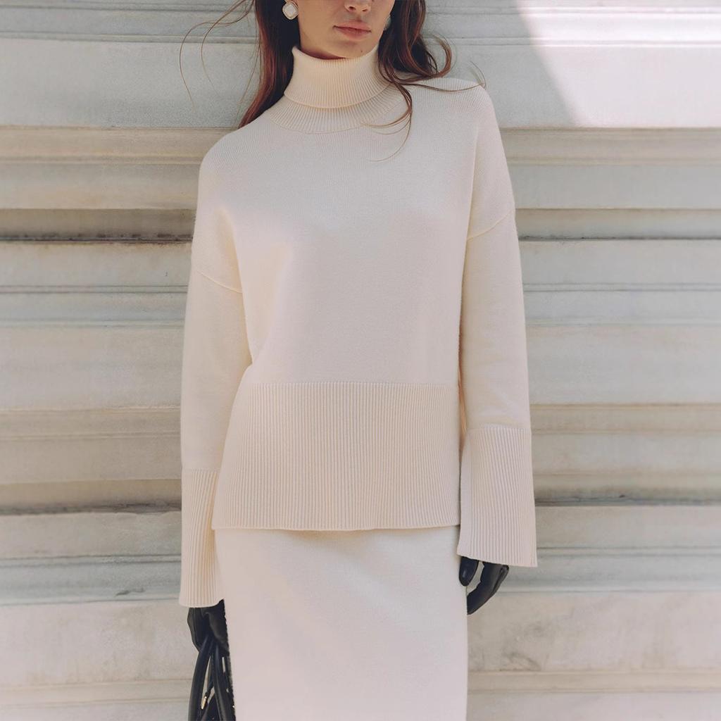 Knitted sweater set for women, European & American 2025 autumn/winter new elegant loose sweater slit midi skirt set