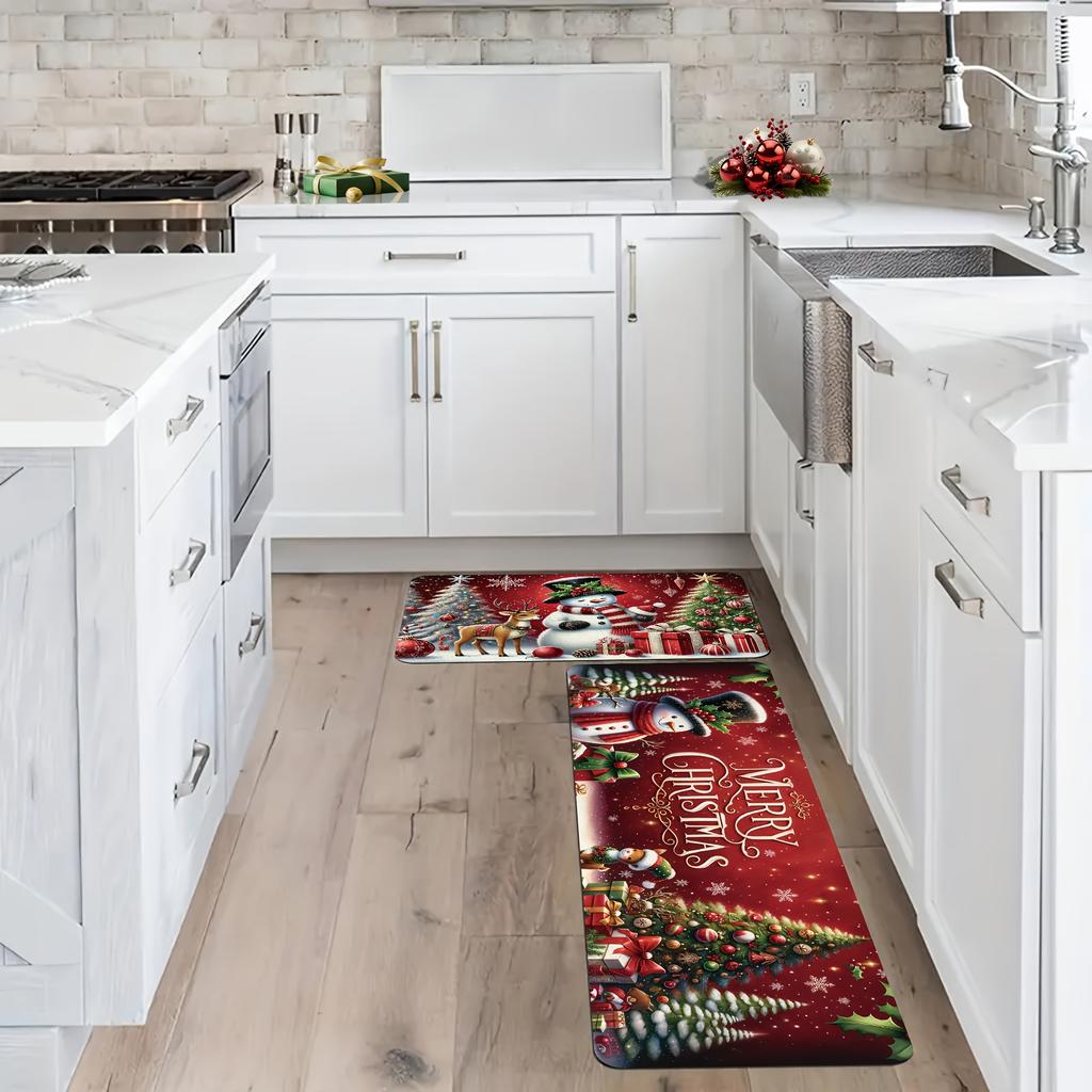 2Pcs Anti Fatigue Kitchen Rugs Christmas  Waterproof Non-Slip Thick Cushioned Kitchen Mat Heavy Duty Comfort Standing Mat for Kitchen