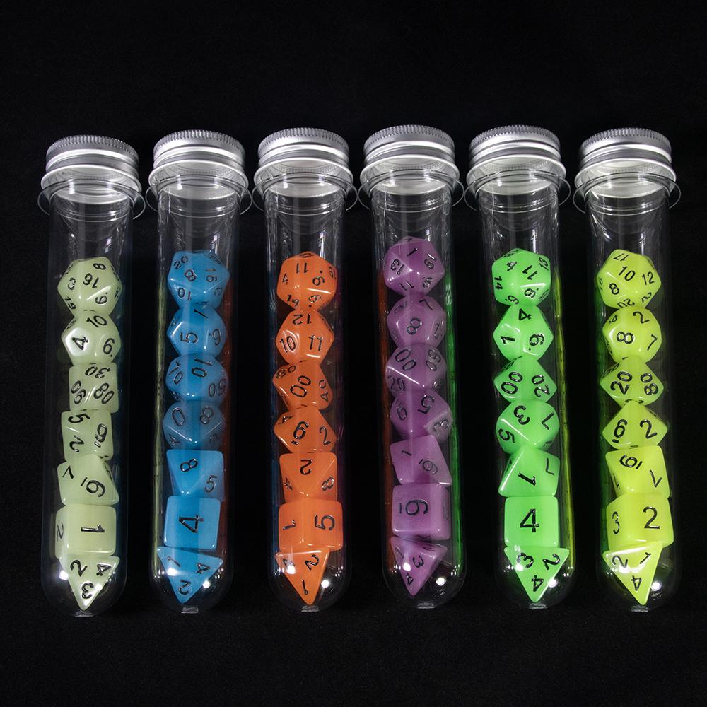 DND Dice 42pcs Luminous Polyhedral Dice Set, Dragon Game Dice D4 D6 D8 D10 D% D12 D20 for Table Game, 6 Sets Dices, 6pcs Tube, 1pc Tube Rack