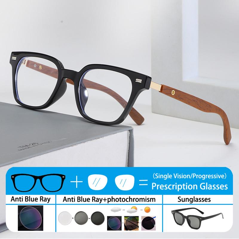 Wood Grain Legs Square Frame Photochromic Gray Brown Anti Blue Light Custom Sunglasses Prescription Customized Degree Eyewear