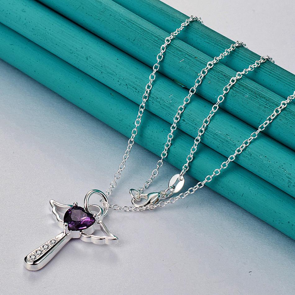 

URMYLADY Стерлингового Серебра 925 Фиолетовый AAAAA Циркон Ангел Крест Подвеска Ожерелье для Женщин Свадебная Вечеринка Очаровательные Ювелирные Изделия 45cm