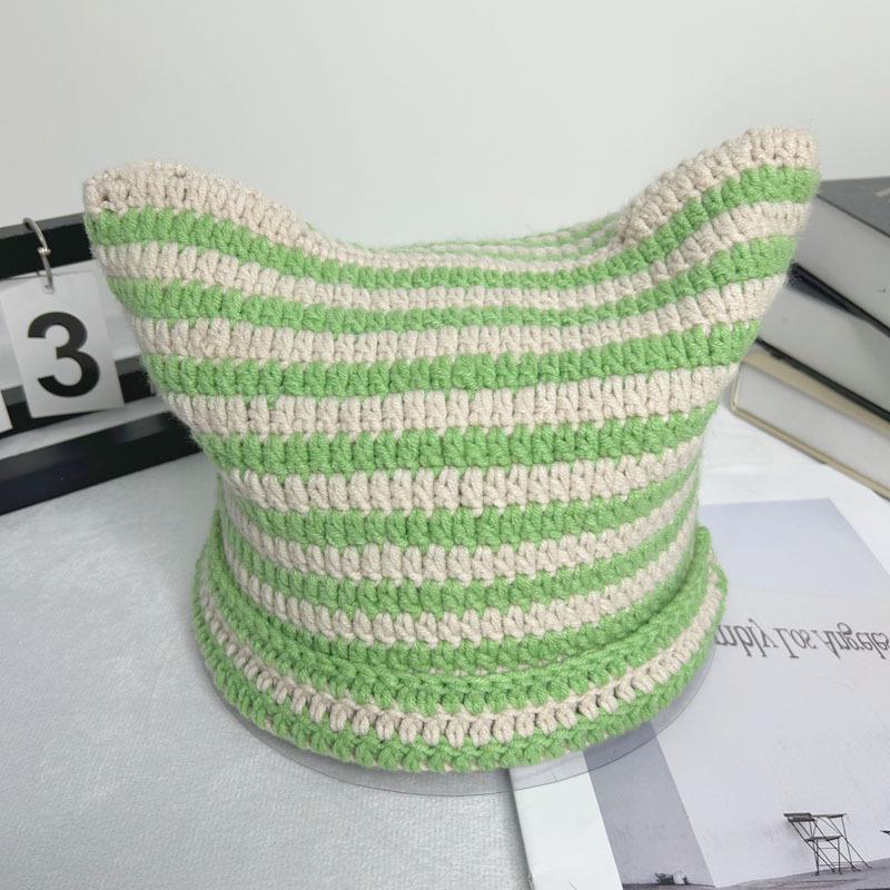 Autumn-Winter Striped Woolen Hat with Cute Cat Ears - Fashionable, Versatile Devil Design.