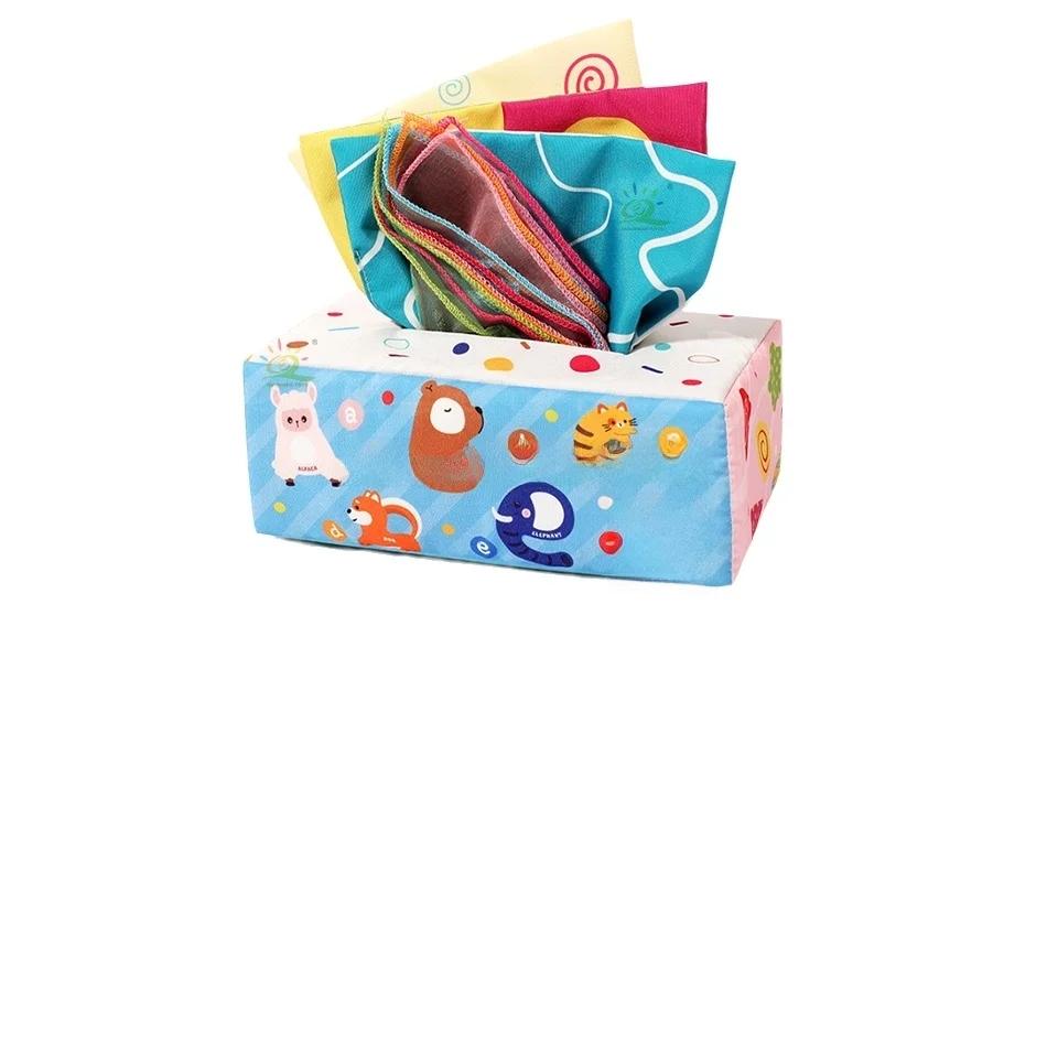 Early Educational Learning Motor Skills Development Gift Idea Infant Tissue Box Toy Montessori Style Tactile Pull Toy 10-count scarf