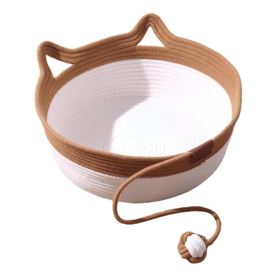 Handwoven Rope Cat Basket Cat Bed Basket with Rope Knot Ball Cat Ear Design Foldable Cat Bed for Indoor Cats Lounging Sleeping Entertainment
