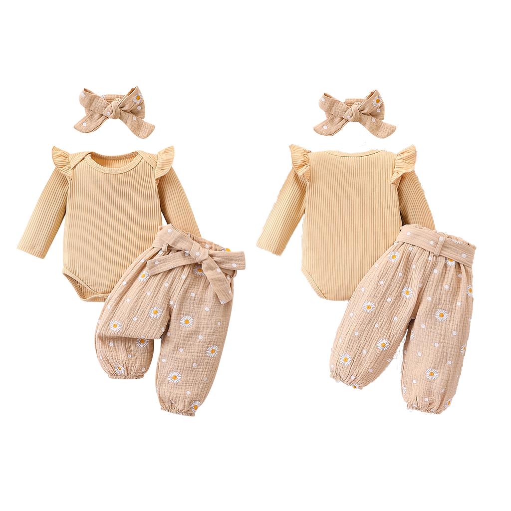 Herbst-Outfits für Babys, Mädchen, einfarbig, gerippter Langarm-Strampler mit Hose mit Gänseblümchenmuster, Gürtel und Stirnband, 4-teiliges Set
