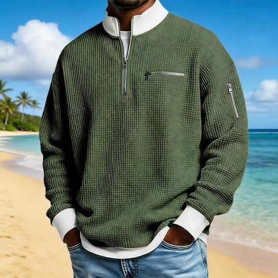 Men Waffle Sweatshirt Quarter Zip Stand Collar Casual Pullover Color Block Long Sleeve Top for Office Street Gym Wear